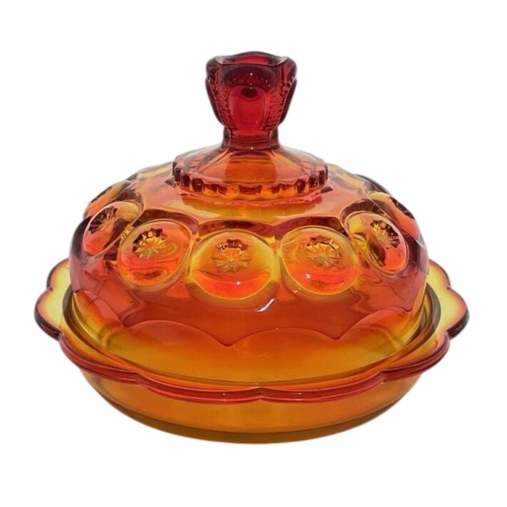 Vintage L.E. Smith Moon & Stars Amberina Glass Round Covered Butter Cheese Dish